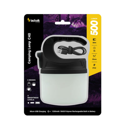 Lampe de camping Technik C40 LED rechargeable 500 lumens Blanc IP44 avec charge USB et 3 modes de luminosité