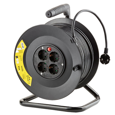 Enrouleur de câble professionnel Technik 50m 1.5mm² Noir 16A 4 prises avec interrupteur intérieur extérieur