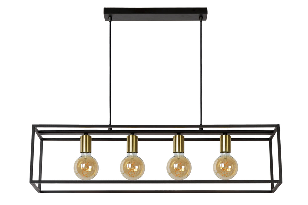 Suspension Lucide RUBEN, 4xE27, Noir & Laiton satiné, corps en métal, hauteur 1520mm, IP20 dimmable