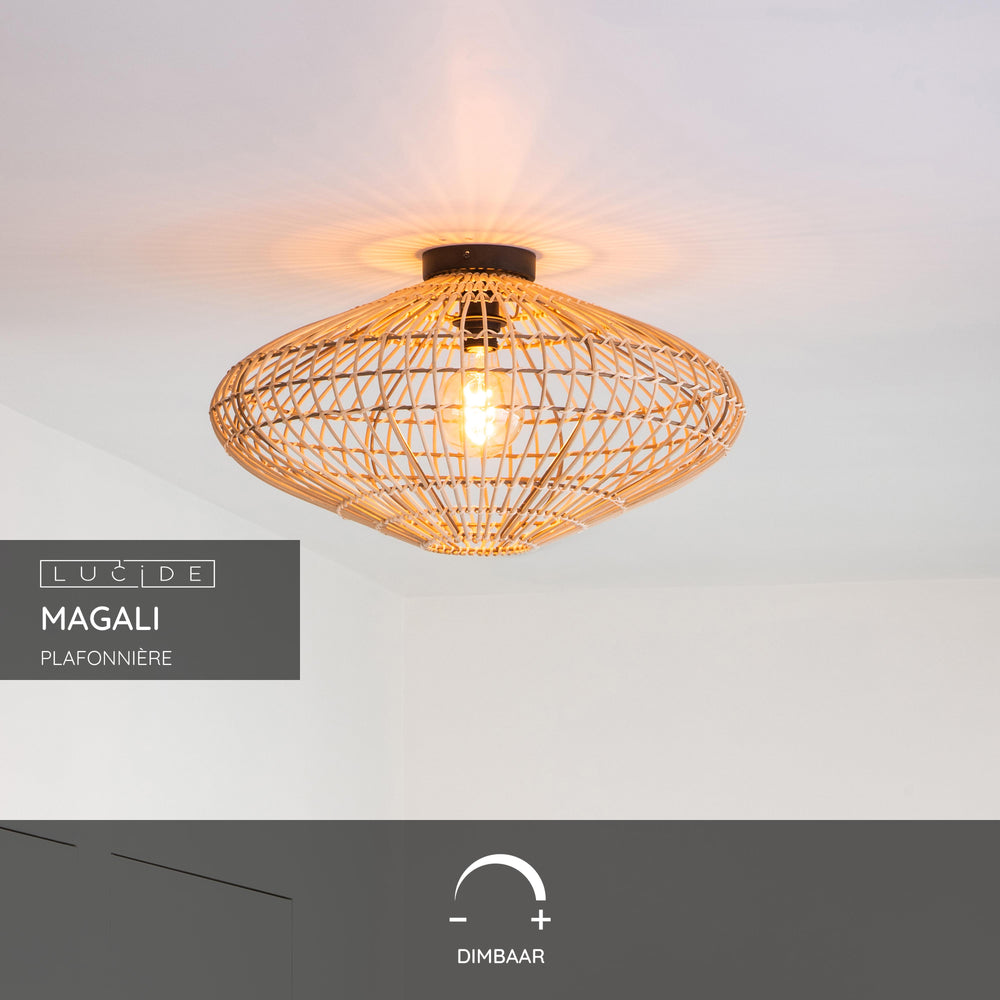 Lucide MAGALI ceiling light, 1xE27, 40W max, Scandinavian rattan and metal, Ø56cm, IP20, Natural finish