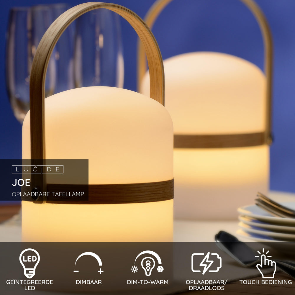 Lampe de table LED rechargeable Lucide JOE IP44 Blanc, 3W dim to warm 2800K-3200K, chargement USB, usage intérieur extérieur