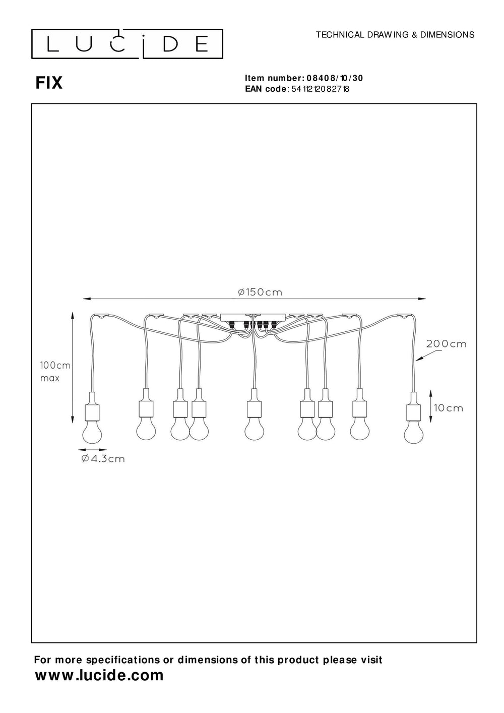 Lucide FIX multi hanging light, 10xE27 sockets, Black metal frame, adjustable height, modern ceiling lamp