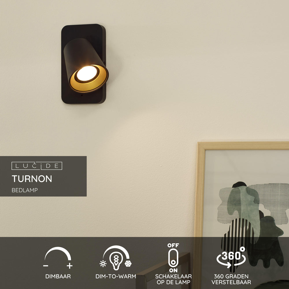 Applique murale LED Lucide TURNON Noir/Or 1x5W GU10 2200K-3000K dim to warm aluminium design moderne IP20