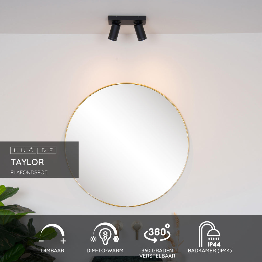 Spot LED plafond Lucide TAYLOR, 2x5W GU10 dim to warm 2200K-3000K, éclairage salle de bain IP44 Noir