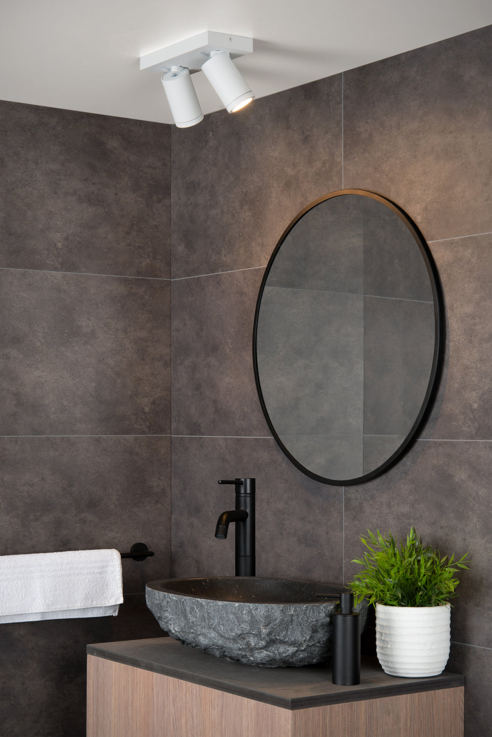 Lucide TAYLOR LED bathroom ceiling spotlight, 2x5W GU10, 2200K-3000K dim to warm, IP44 Sand White