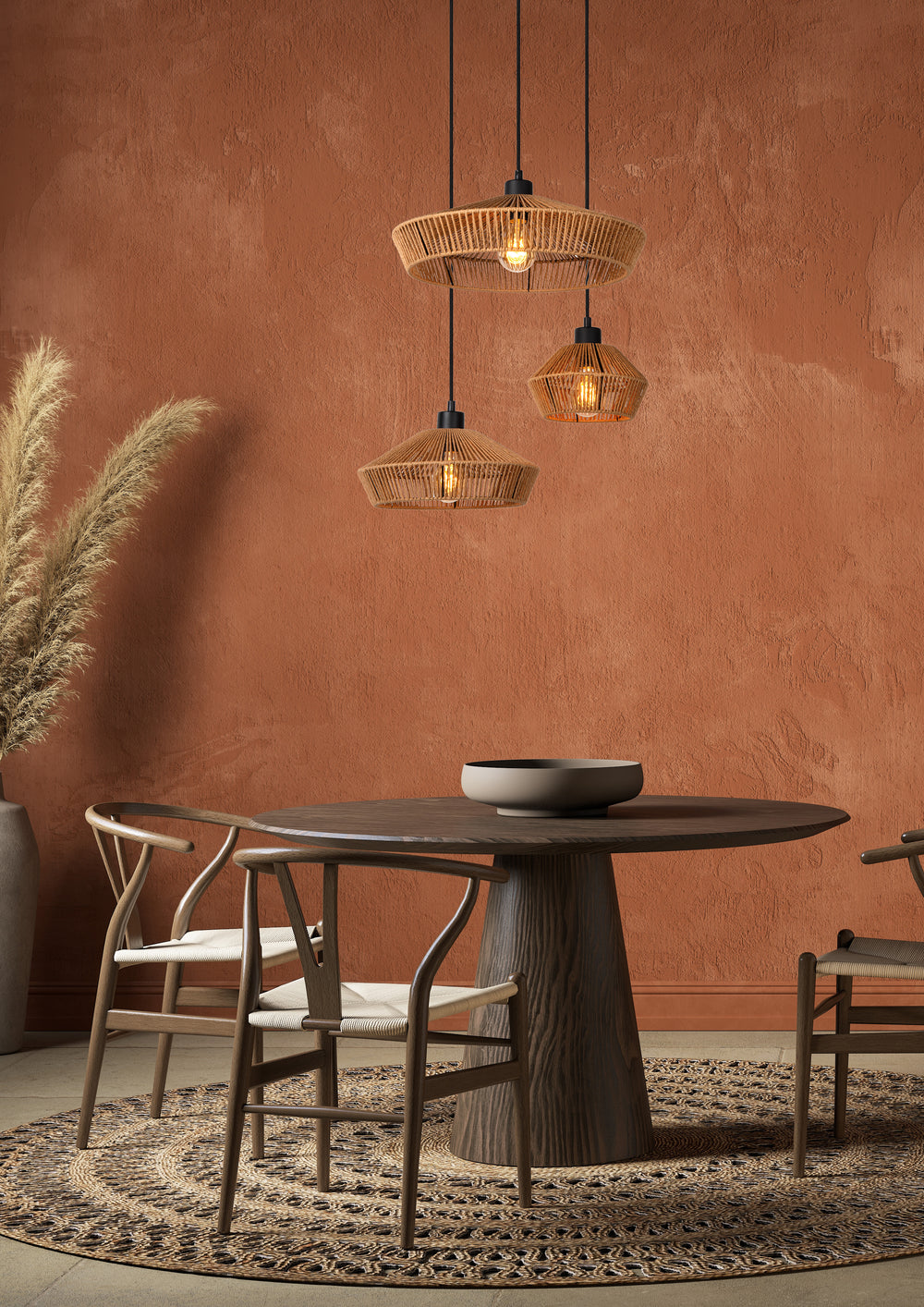 Lucide YUNKAI hanging lamp Ø60cm, 3xE27, natural paper shade, black ceiling plate, Scandinavian style, IP20