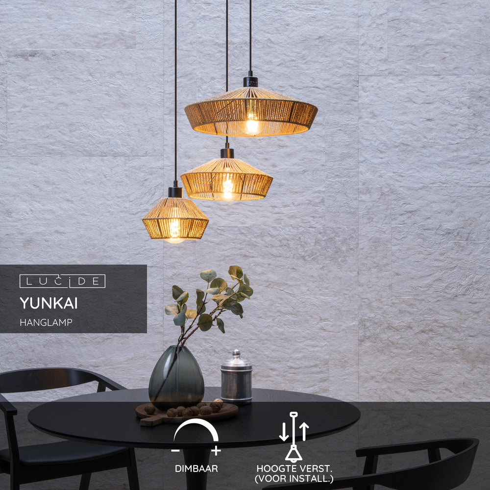 Lucide YUNKAI hanging lamp Ø60cm, 3xE27, natural paper shade, black ceiling plate, Scandinavian style, IP20