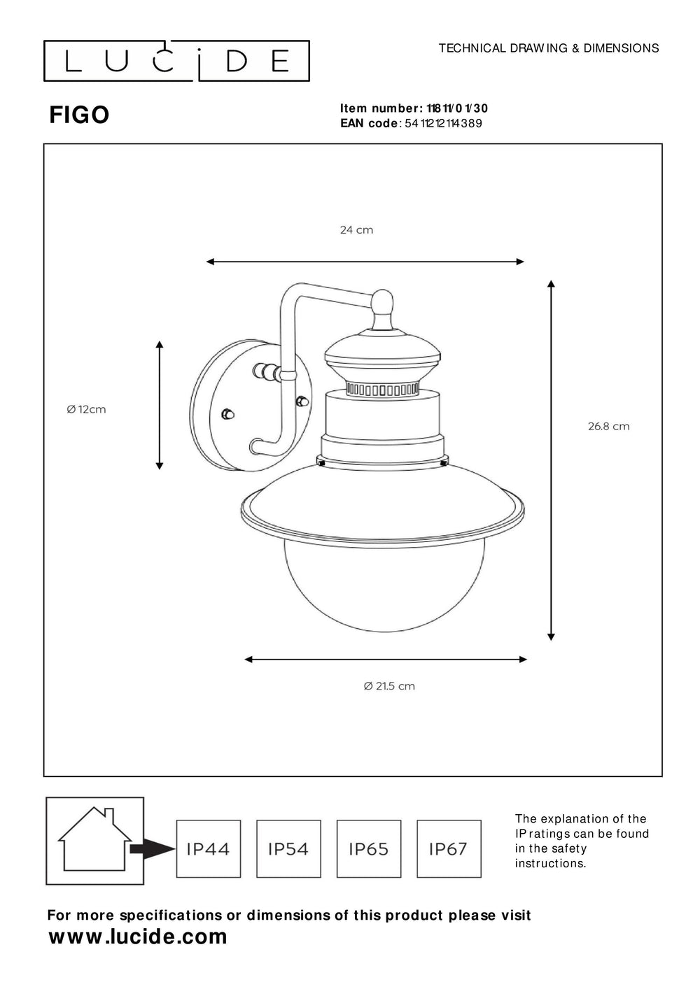Applique murale d’extérieur Lucide FIGO, ronde 215mm, culot E27, IP44 Boîtier en acier-aluminium noir