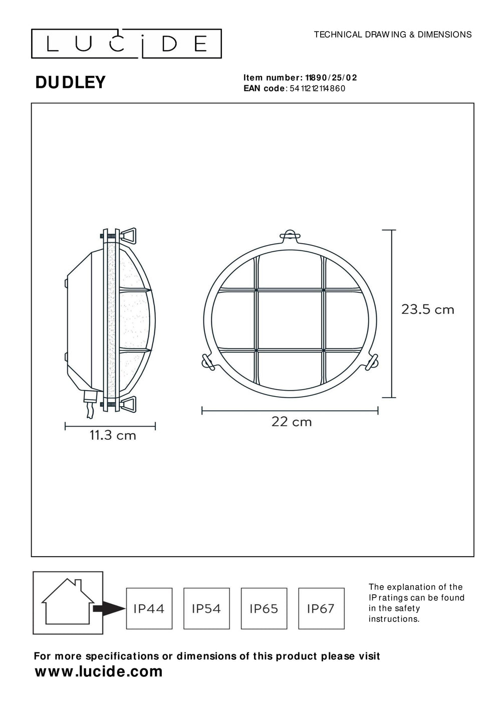 Lucide Dudley wall light indoor outdoor round 220mm E27 40W IP65 matte gold brass retro style