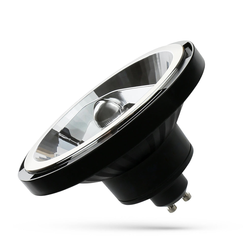 Spectrum LED AR111 GU10 spotlight, 10W 3000K warm white, 1000 lumens, 20° beam, Black housing, 230V indoor