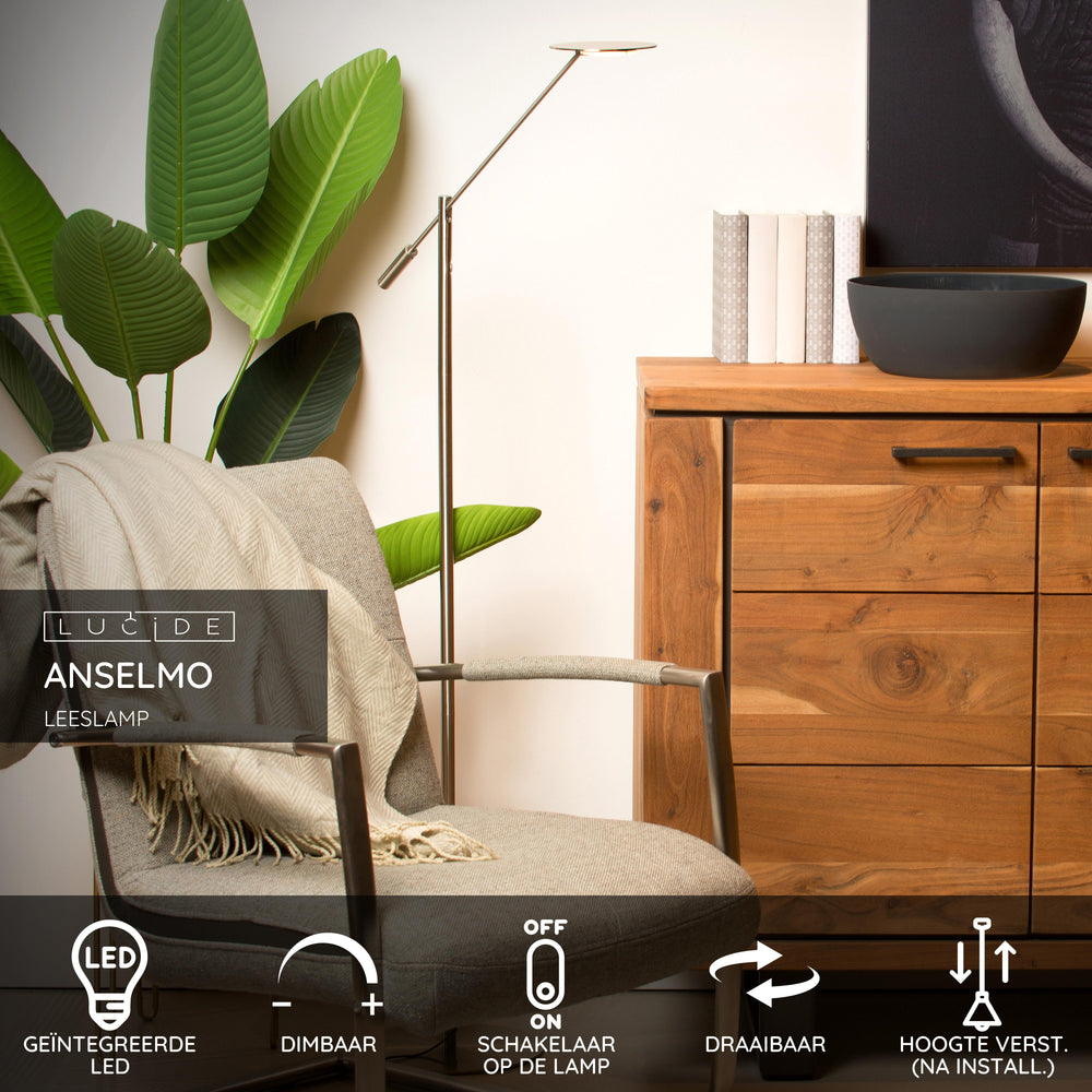 Lampe de lecture sur pied LED Lucide ANSELMO, gradable 9W 3000K, 100-240V, IP20, métal, finition nickel satiné