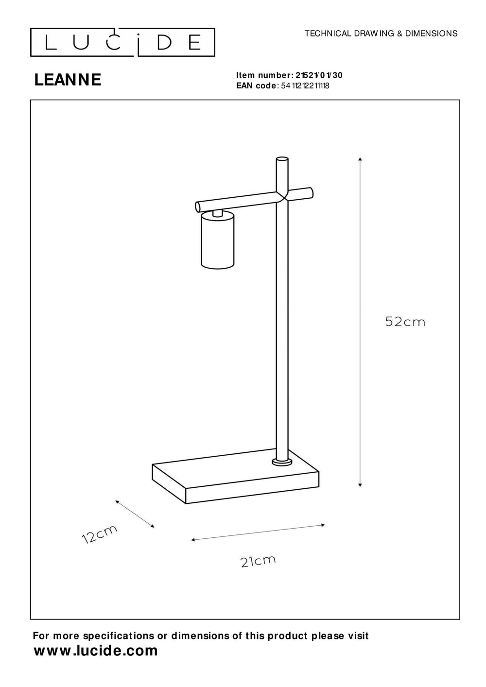 Lucide LEANNE table lamp, E27 socket, 40W max, 220-240V, IP20, modern matt Black metal, 52cm height