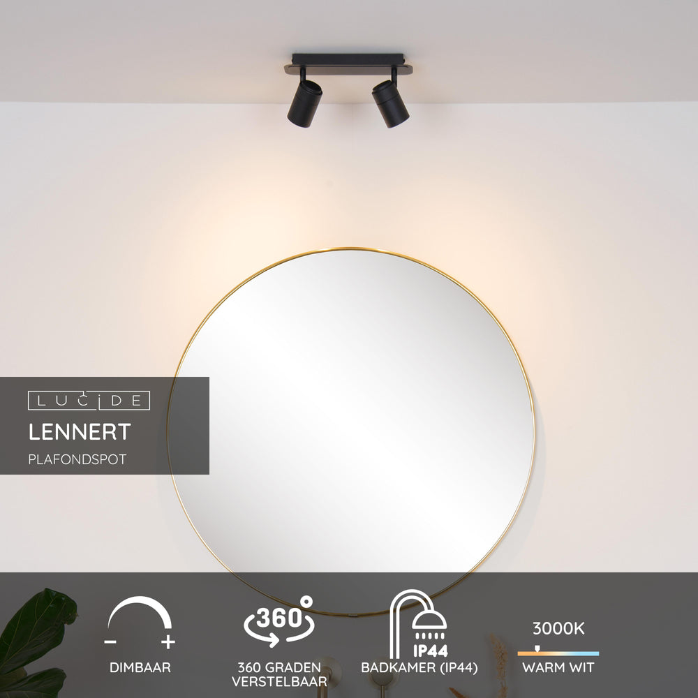 Lucide LENNERT LED bathroom ceiling spotlight, 2x5W GU10 dimmable, 3000K, IP44, Sand Matt Black