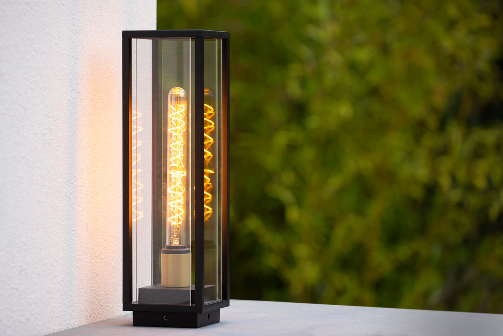 Lucide Laurens lampe de socle extérieure, culot E27, étanche IP54, boîtier en métal noir avec diffuseur en verre