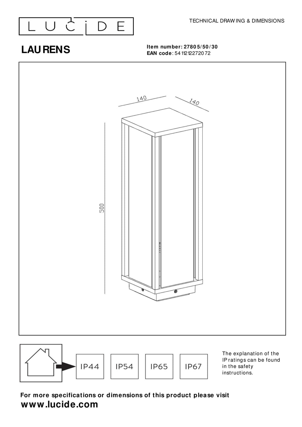 Lucide Laurens lampe de socle extérieure, culot E27, étanche IP54, boîtier en métal noir avec diffuseur en verre