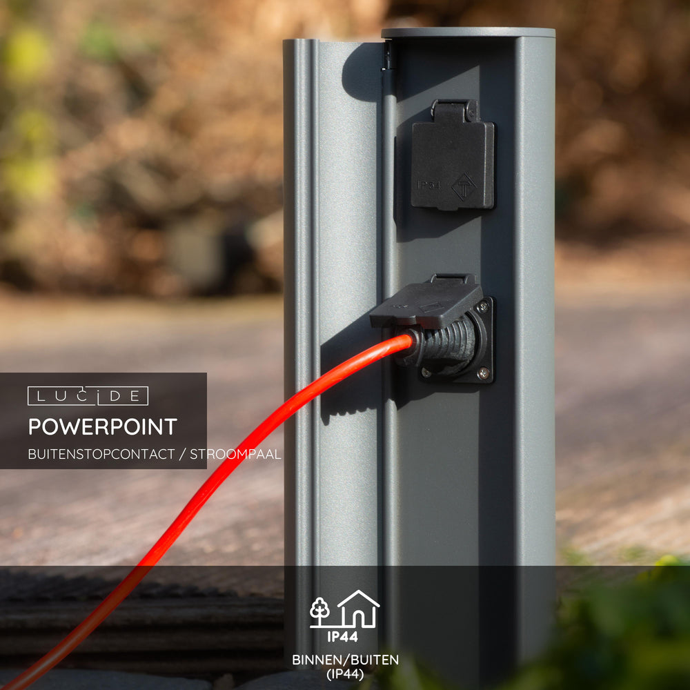 Lucide borne de prise de courant extérieure IP44, prises avec terre Type F, finition aluminium anthracite, hauteur 40cm