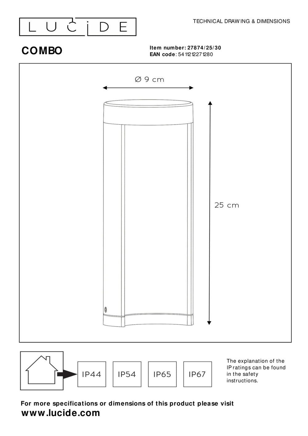Lucide COMBO lampe de jardin LED sur pied, 9W 3000K, IP54 Aluminium noir, borne extérieure moderne 250mm
