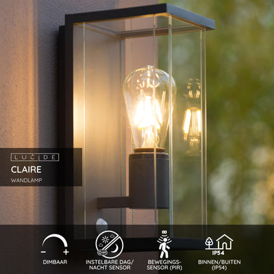 Lucide CLAIRE LED wall light Anthracite, 1xE27, IP54, with motion and day/night sensor, 220-240V