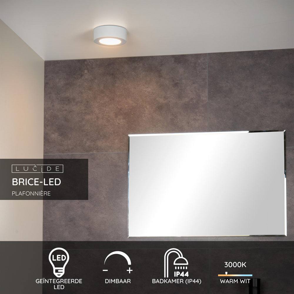 Lucide BRICE LED bathroom ceiling light, round 8W 3000K dimmable, IP44 White Ø117mm