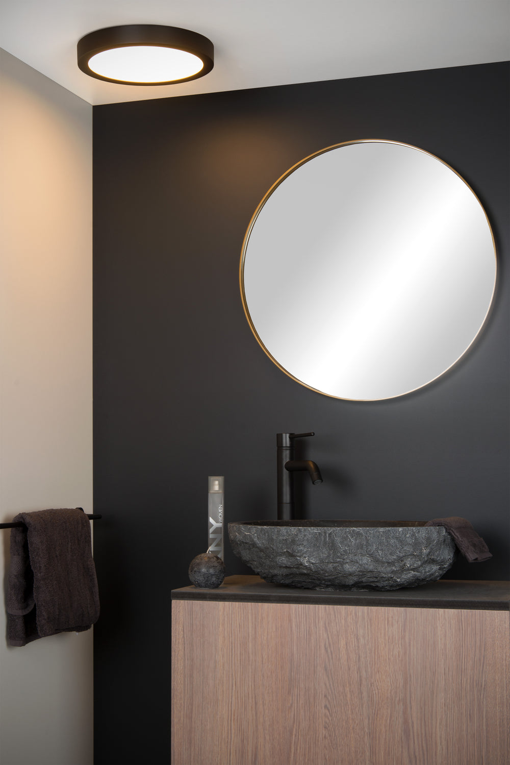 Lucide BRICE Plafonnier LED, 30W 3000K dimmable, IP44 rond 30cm, Noir Mat, éclairage moderne de salle de bain