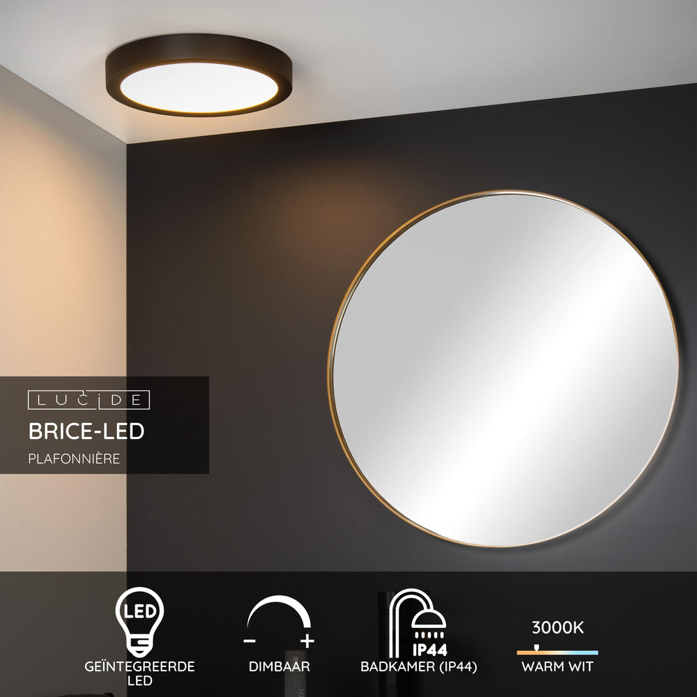 Lucide BRICE Plafonnier LED, 30W 3000K dimmable, IP44 rond 30cm, Noir Mat, éclairage moderne de salle de bain