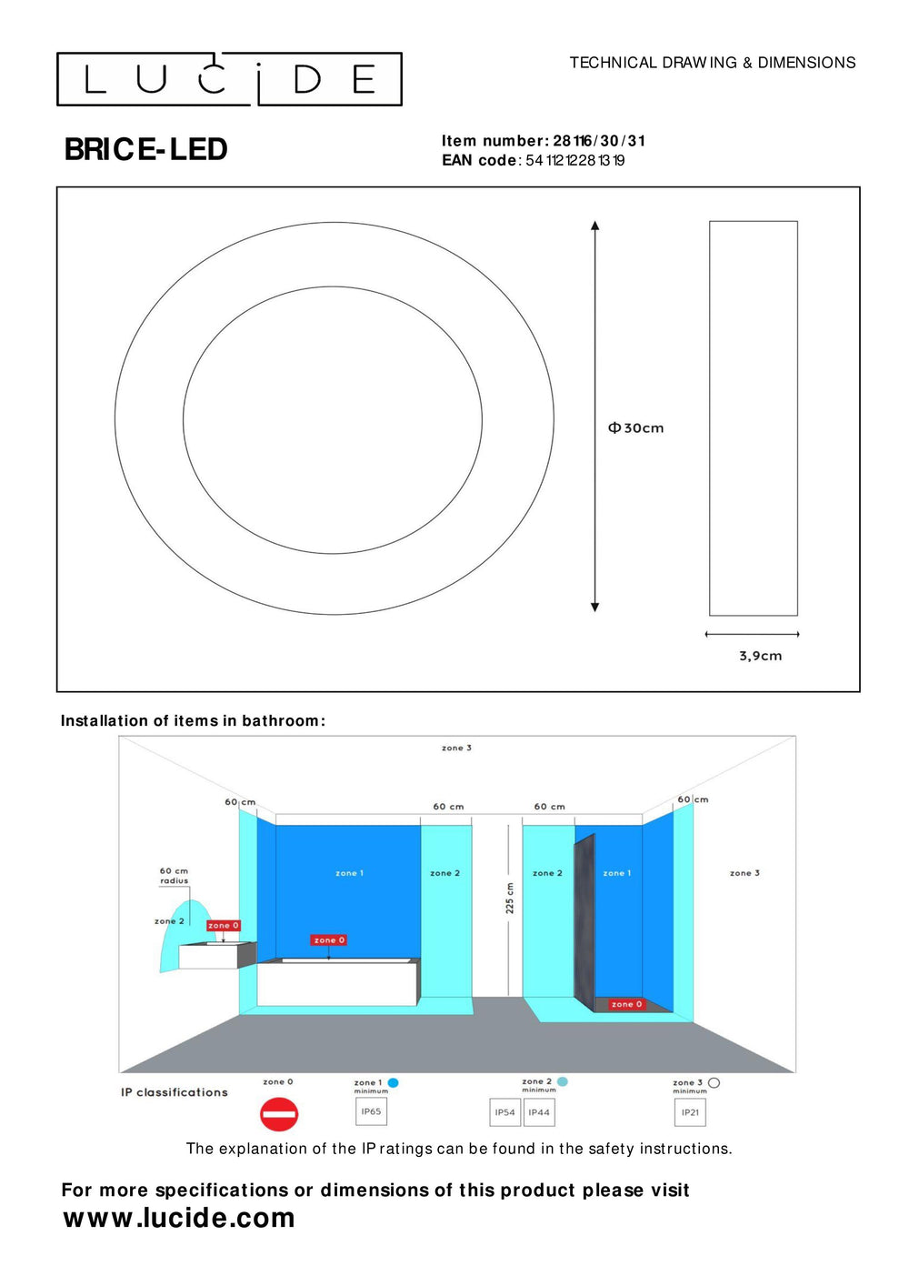 Plafonnier de salle de bains Lucide BRICE LED, dimmable 30W 3000K, rond 300mm, IP44, finition blanche