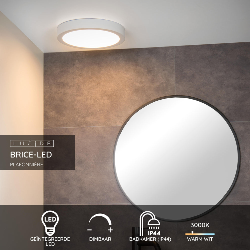 Plafonnier de salle de bains Lucide BRICE LED, dimmable 30W 3000K, rond 300mm, IP44, finition blanche