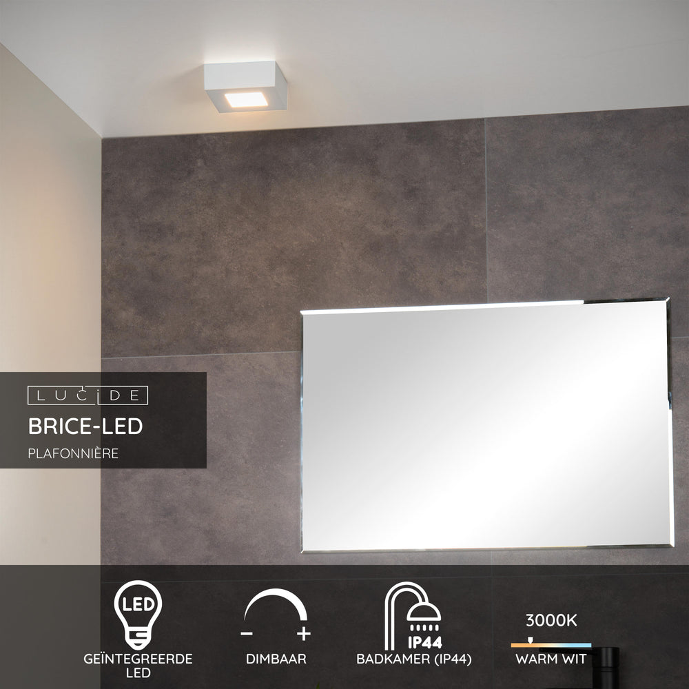 Lucide BRICE plafonnier de salle de bain LED, dimmable 8W 3000K, IP44, carré aluminium blanc 220-240V