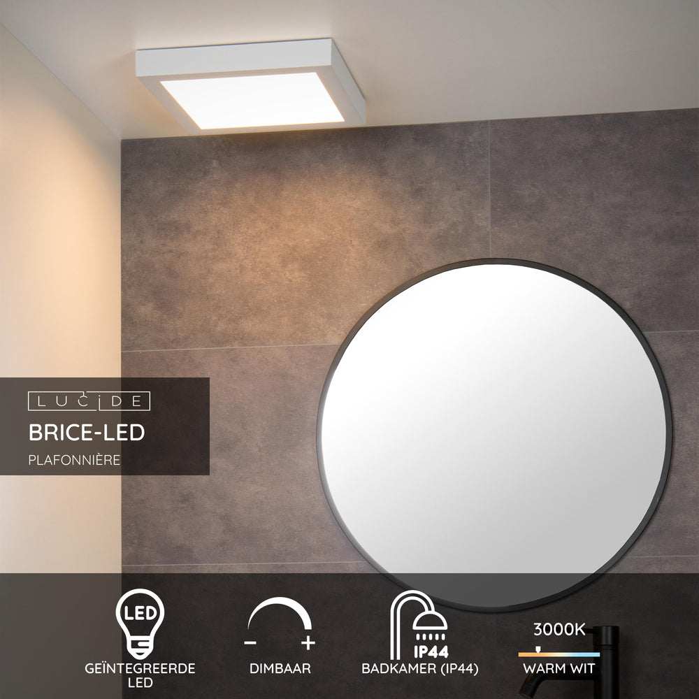 Lucide BRICE plafonnier LED de salle de bain, dimmable 30W 3000K, IP44, Blanc, design carré moderne