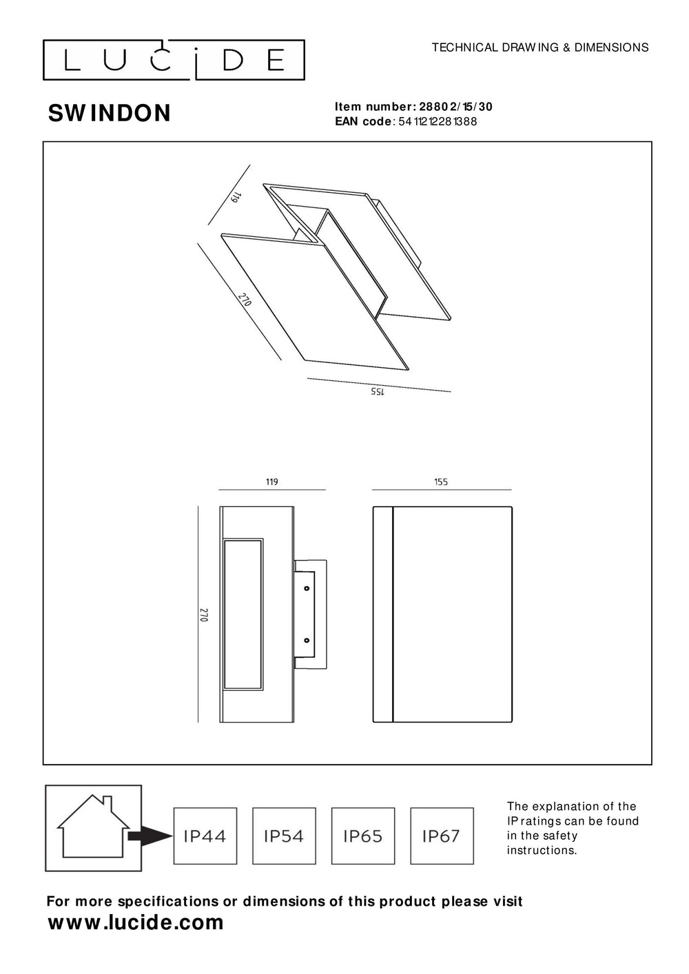 Lucide SWINDON Applique murale LED 16W 2700K IP54 Noir extérieur intérieur aluminium design moderne