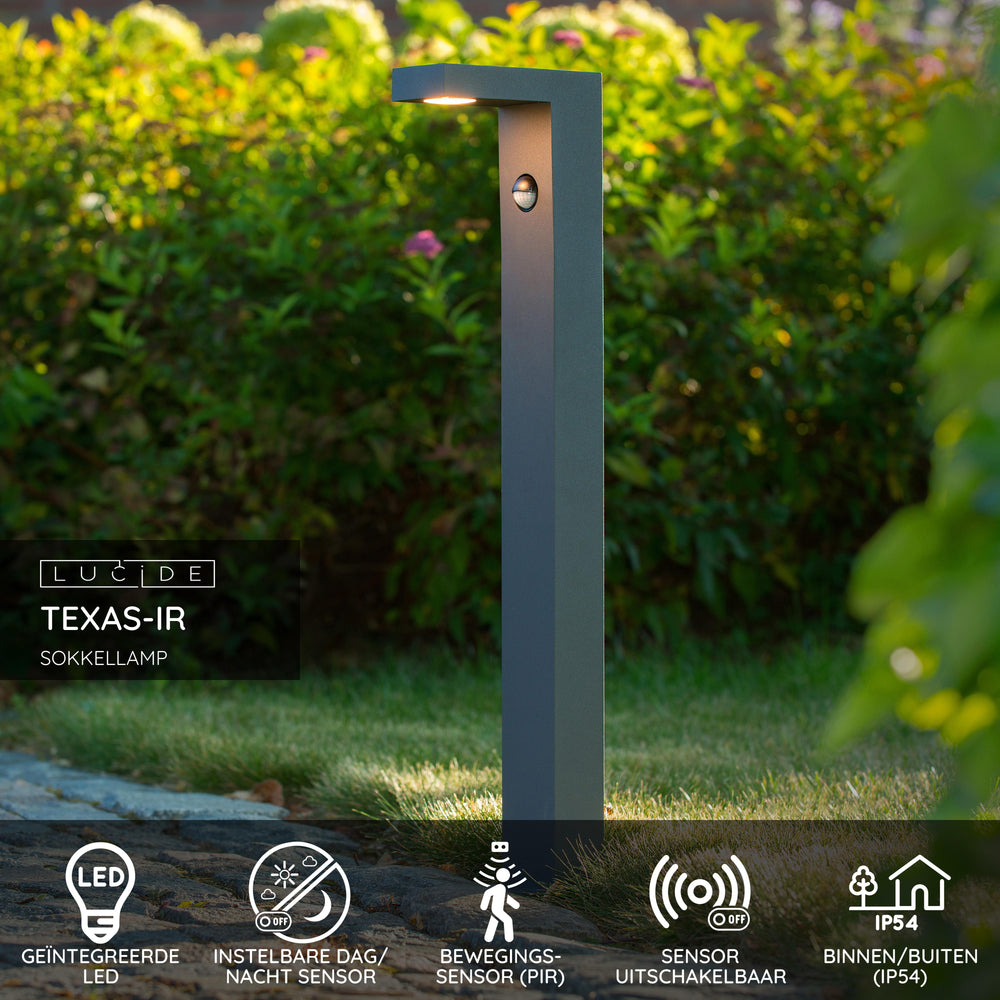 Lucide TEXAS-IR Borne lumineuse LED 7W 3000K IP54 avec capteur de mouvement et de jour/nuit Gris Foncé