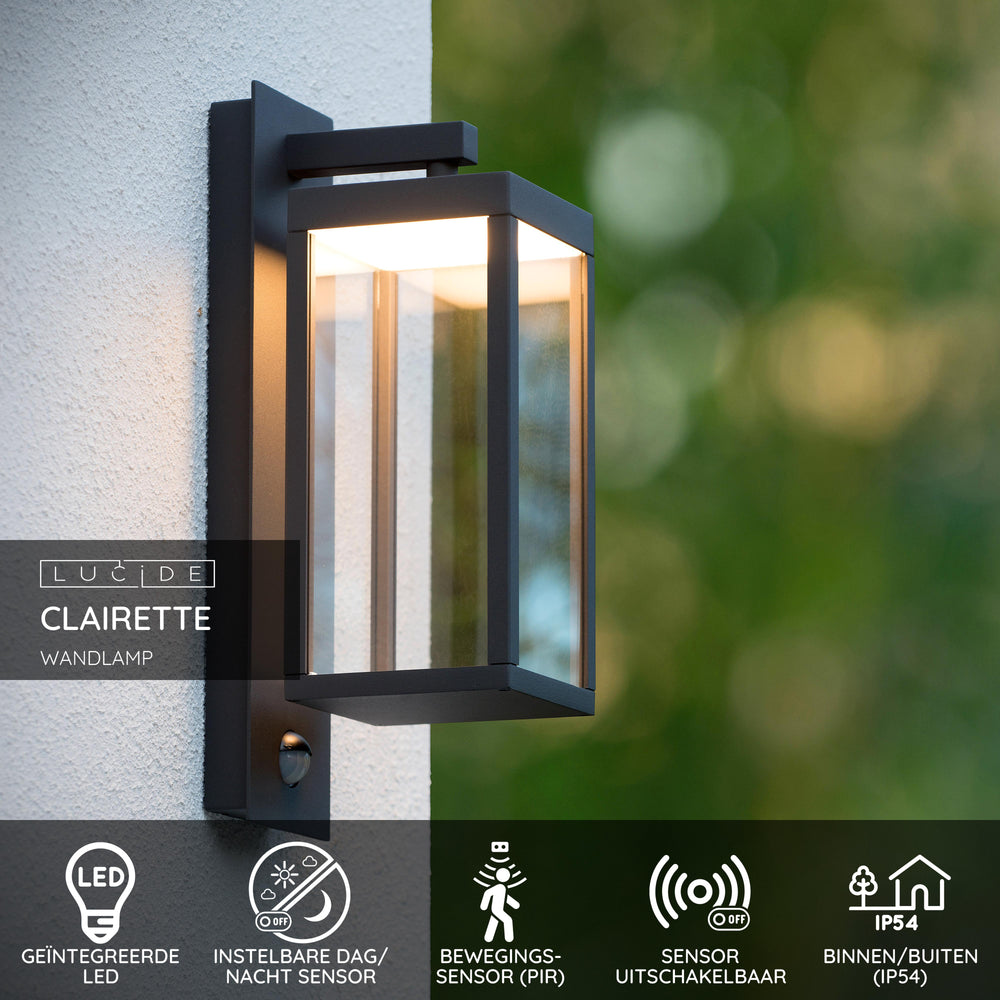 Applique murale LED Lucide CLAIRETTE 13W 3000K IP54 avec détecteur de mouvement PIR et boîtier anthracite