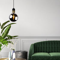 Lucide JULIUS hanging lamp, 1xE27, smoke glass shade Ø20cm, black wood and gold metal, 220-240V, IP20