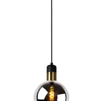 Lucide JULIUS hanging lamp, 1xE27, smoke glass shade Ø20cm, black wood and gold metal, 220-240V, IP20