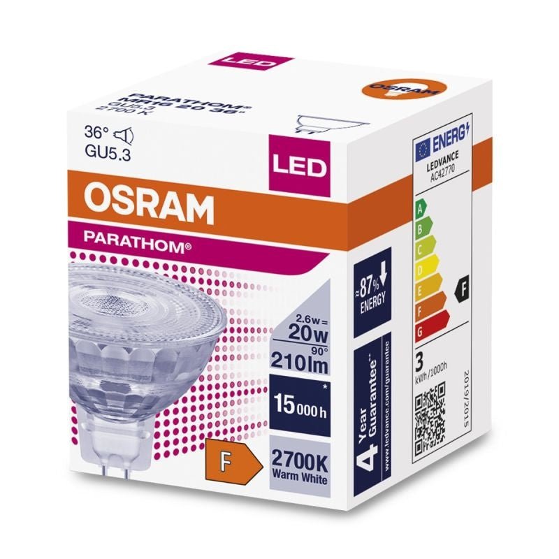 Spot LED Osram GU5.3 MR16 2,6W 230 lumens, 3000K, IP20, angle de faisceau de 36°