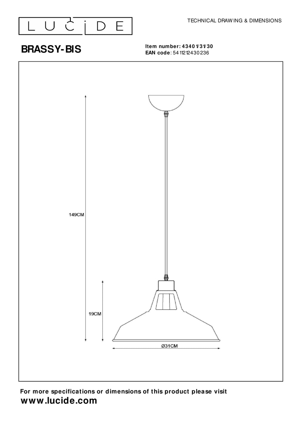 Lampe suspendue Lucide BRASSY-BIS Noir, 1xE27, hauteur réglable, abat-jour rond en métal Ø31cm, IP20