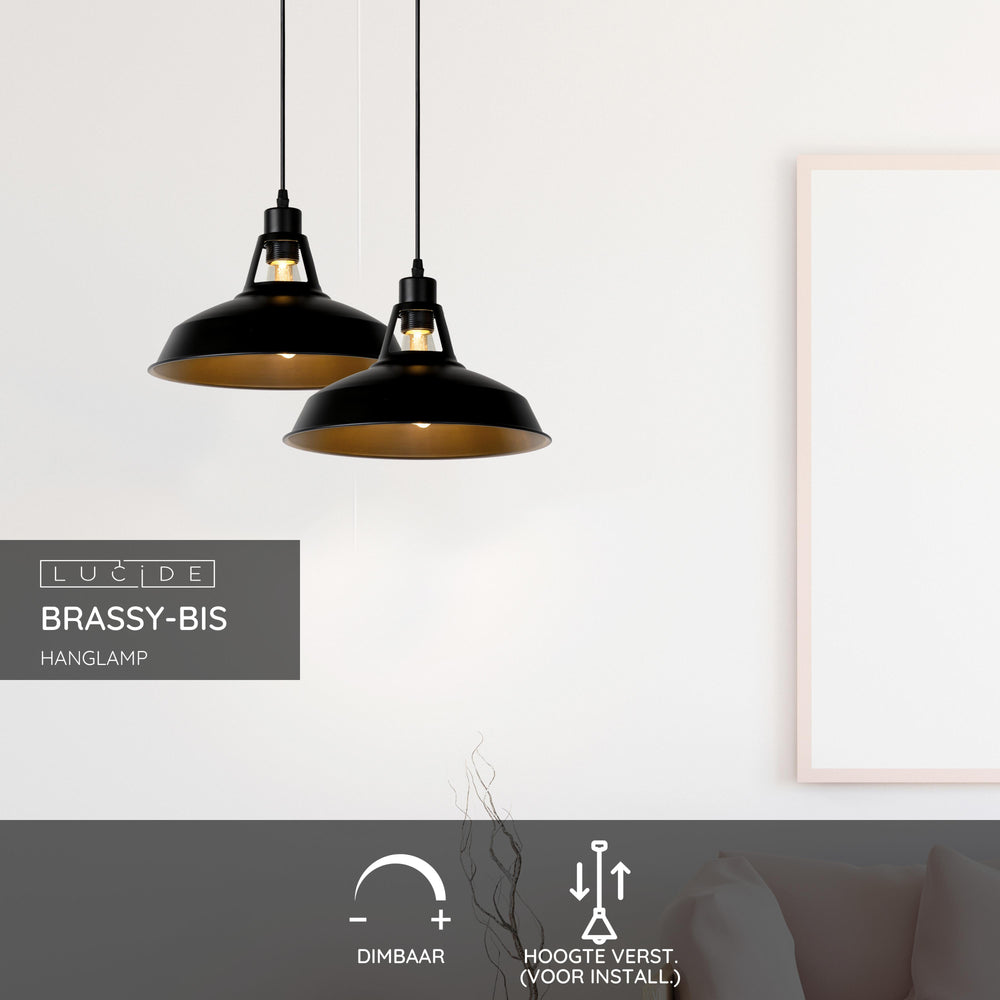 Lampe suspendue Lucide BRASSY-BIS Noir, 1xE27, hauteur réglable, abat-jour rond en métal Ø31cm, IP20