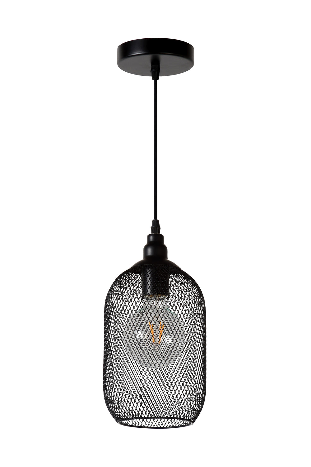 Suspension Lucide Mesh Noir, abat-jour rond en métal Ø150mm, douille E27 max 60W, hauteur réglable, IP20