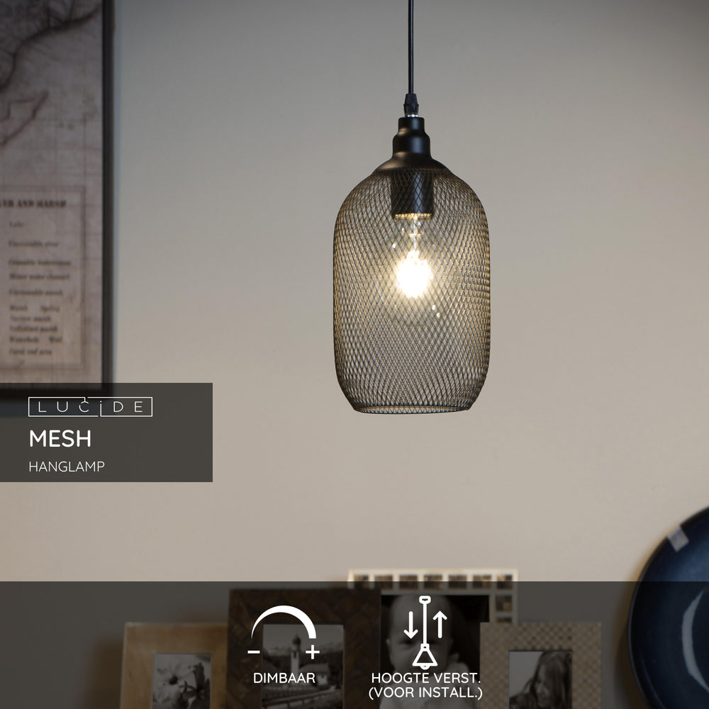 Suspension Lucide Mesh Noir, abat-jour rond en métal Ø150mm, douille E27 max 60W, hauteur réglable, IP20