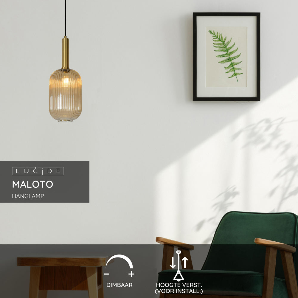Suspension vintage Lucide MALOTO, 1xE27, 40W max, verre ambré, finition bronze, hauteur réglable, IP20