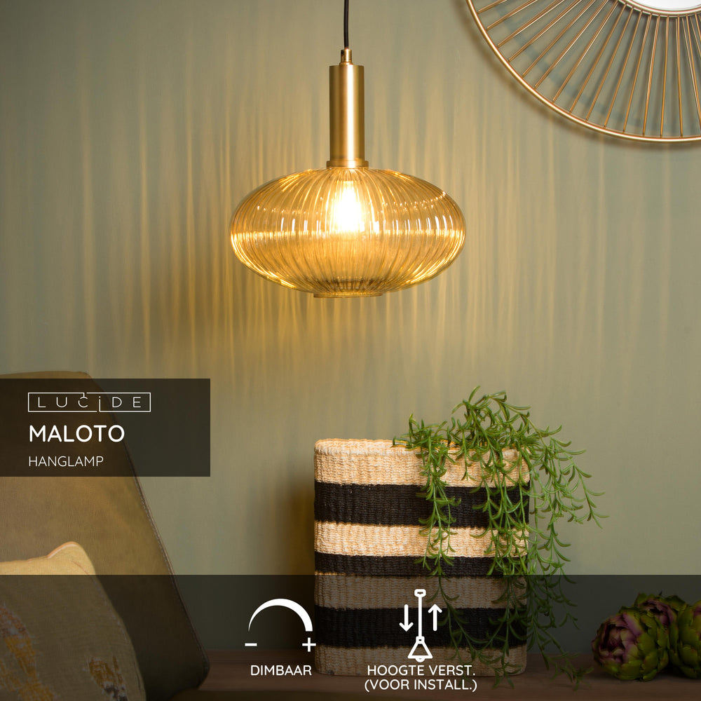 Lucide Maloto vintage hanging lamp, 1xE27, amber glass, metal bronze finish, Ø30cm, height adjustable, IP20