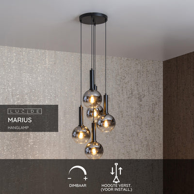 Suspension Lucide MARIUS 5xE27 Verre noir 55cm hauteur réglable design moderne intérieur IP20