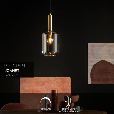 Suspension Lucide JOANET Ø22cm, 1xDouille E27, bronze avec verre fumé, hauteur réglable, IP20