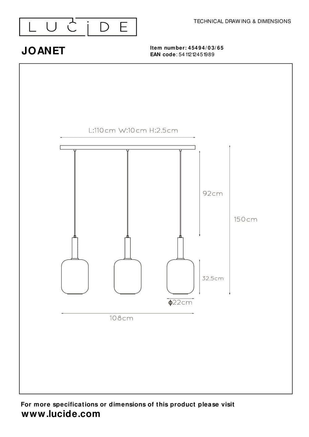 Suspension Lucide JOANET 3xE27 abat-jour en verre fumé, finition or mat, hauteur réglable, dimmable, IP20 intérieur