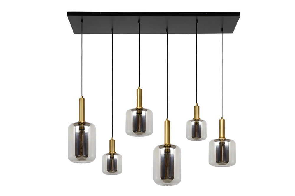Suspension Lucide JOANET, 6xE27 douilles, bronze avec verre fumé, design rectangulaire moderne, IP20, 1320mm