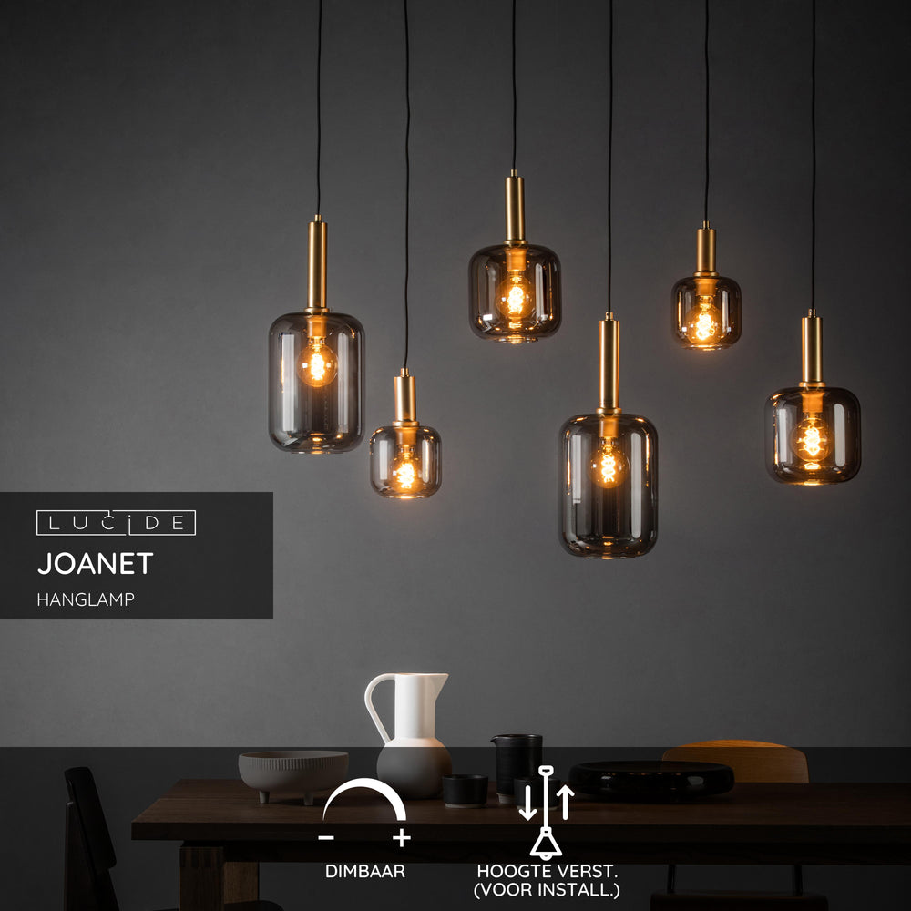 Suspension Lucide JOANET, 6xE27 douilles, bronze avec verre fumé, design rectangulaire moderne, IP20, 1320mm