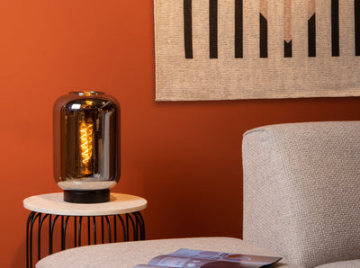 Lampe de table Lucide JOANET 1xE27 Verre fumé design moderne avec base en métal noir Ø22cm IP20