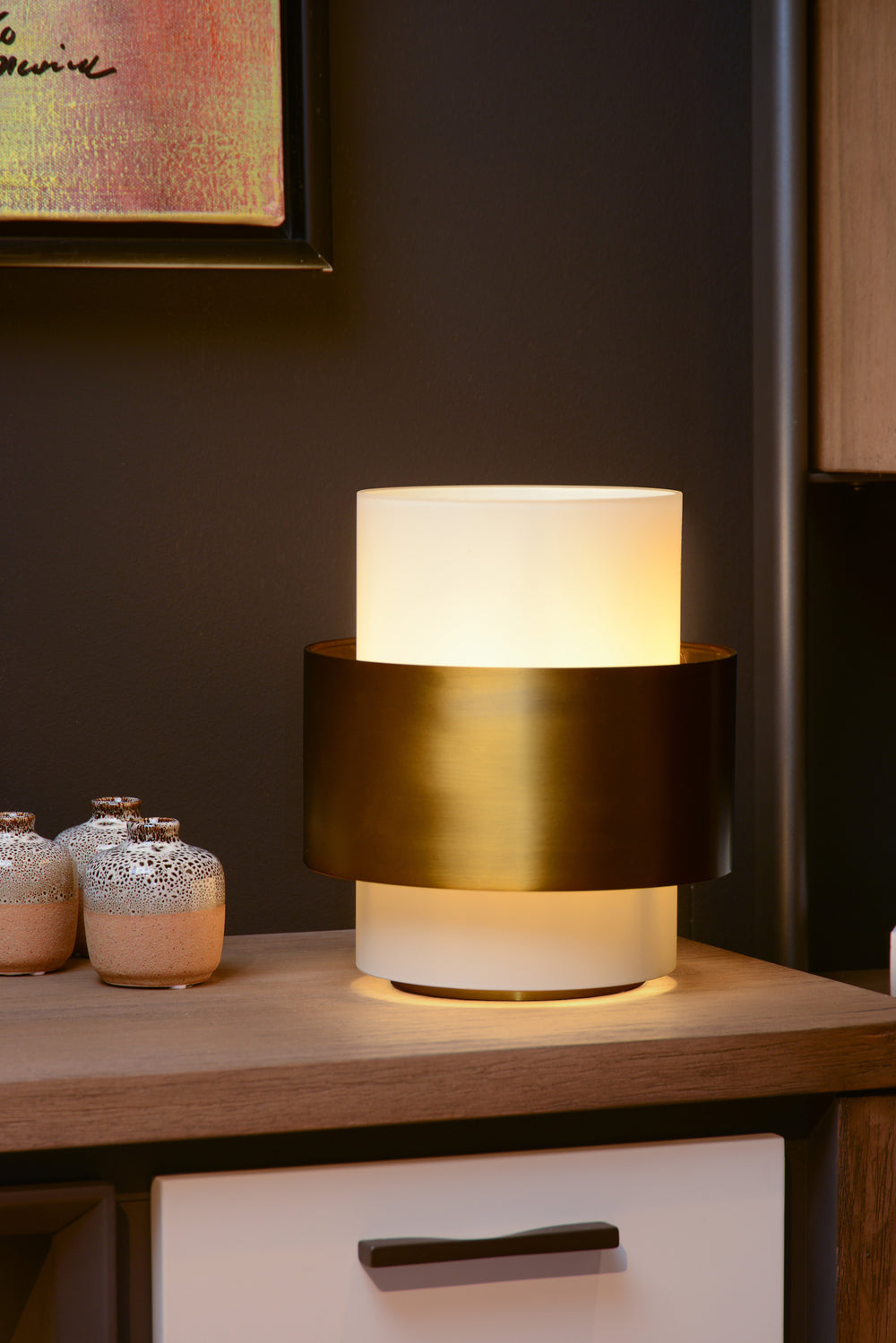 Lucide FIRMIN table lamp, retro glass cylinder, E27 fitting, 230V, IP20 indoor, matte gold brass finish