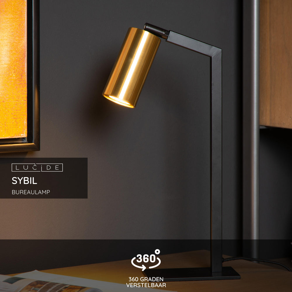 Lampe de bureau Lucide SYBIL, 1xGU10, 230V, IP20, Noir avec Or Mat, acier moderne, réglable à 360°, usage intérieur