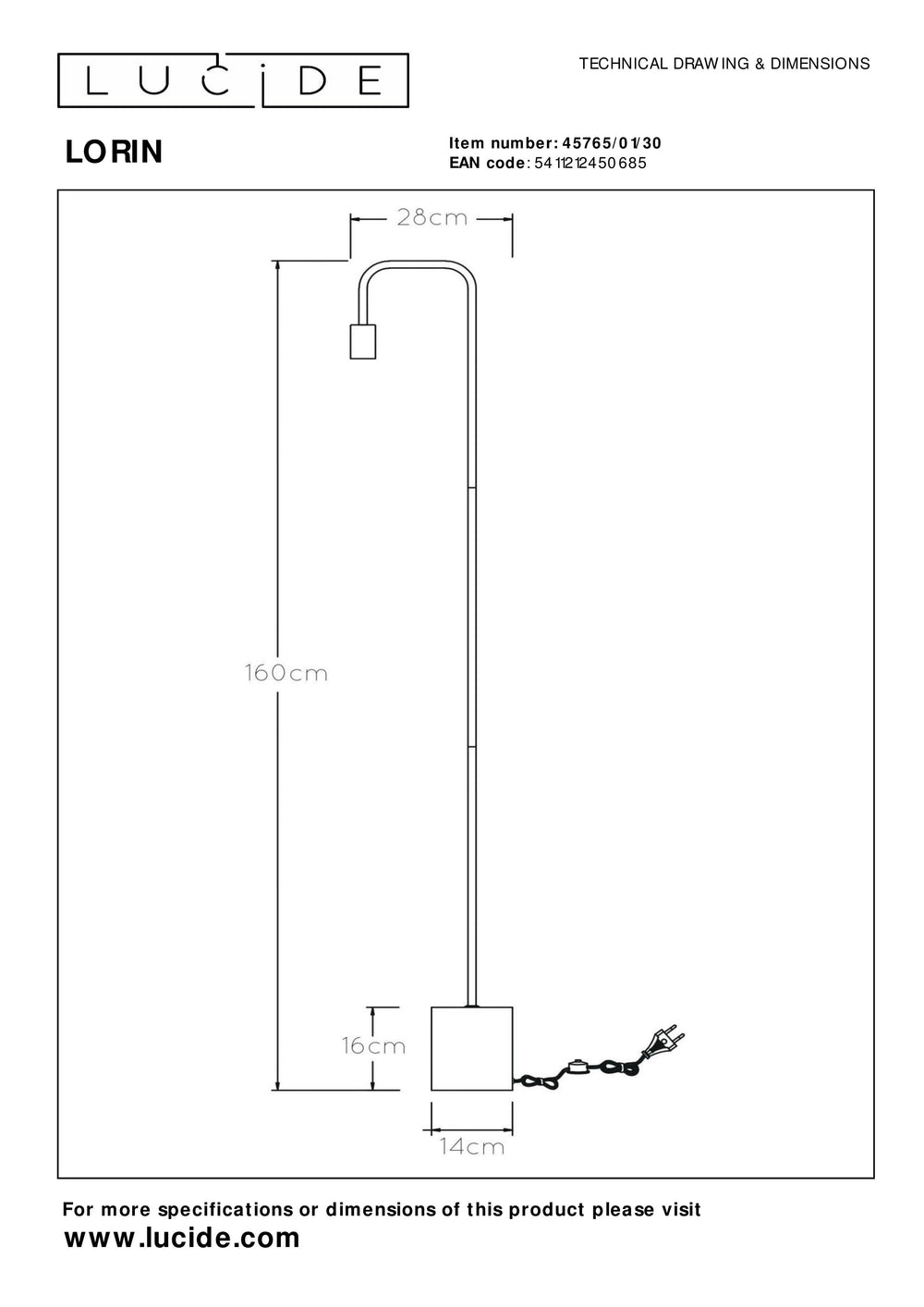 Lampadaire Lucide LORIN, 1xDouille E27, 40W max, 220-240V, IP20, métal noir mat et marbre, hauteur 1600mm